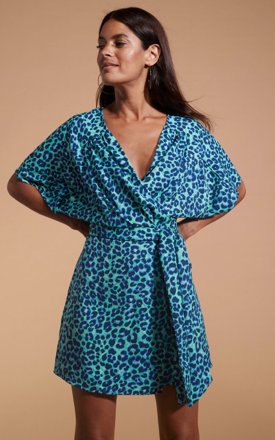 Dancing Leopard Kansas Mini Wrap Dress In Turquoise Leopard