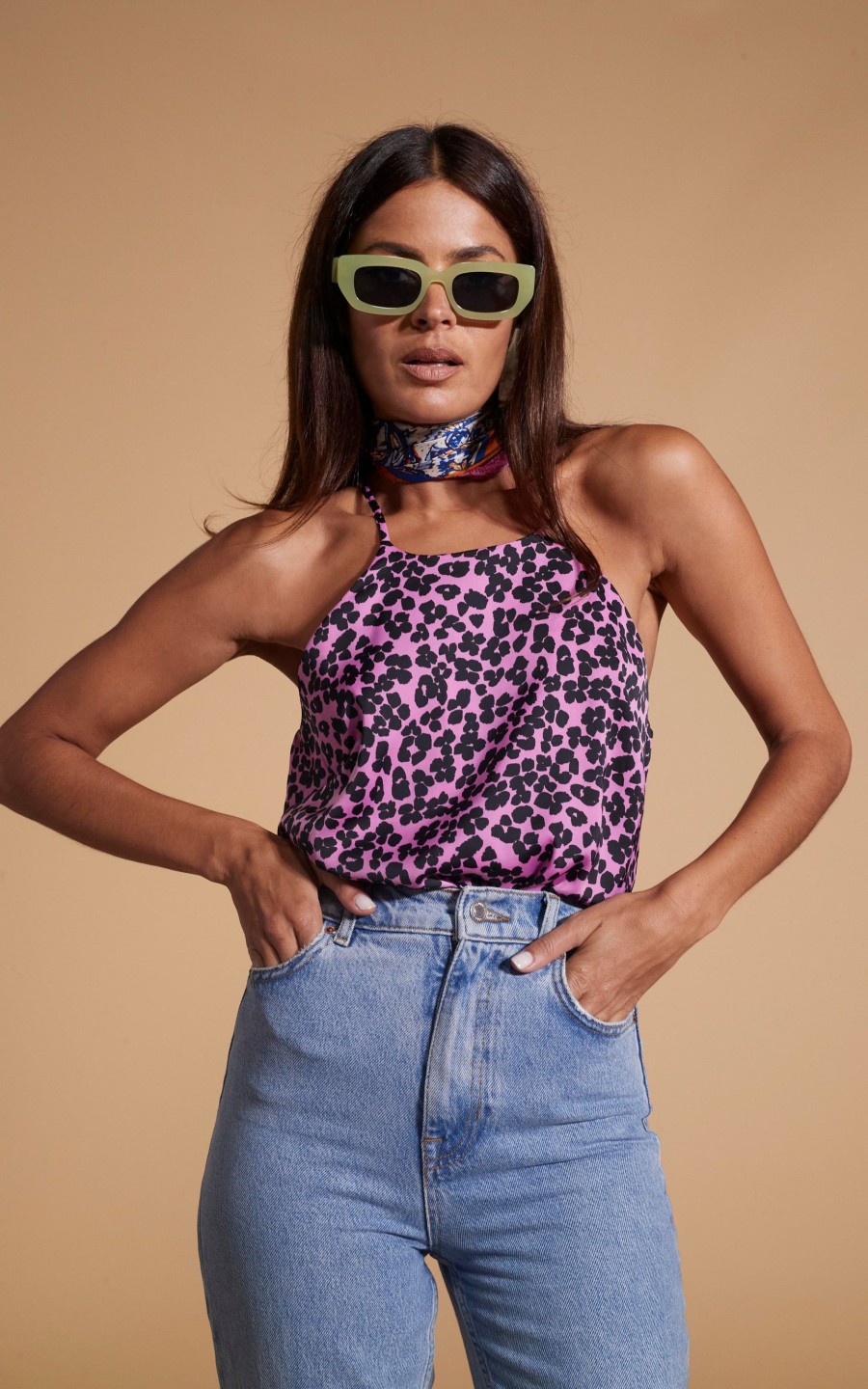 Dancing Leopard Nina Halter Cami Top In Black On Pink Leopard