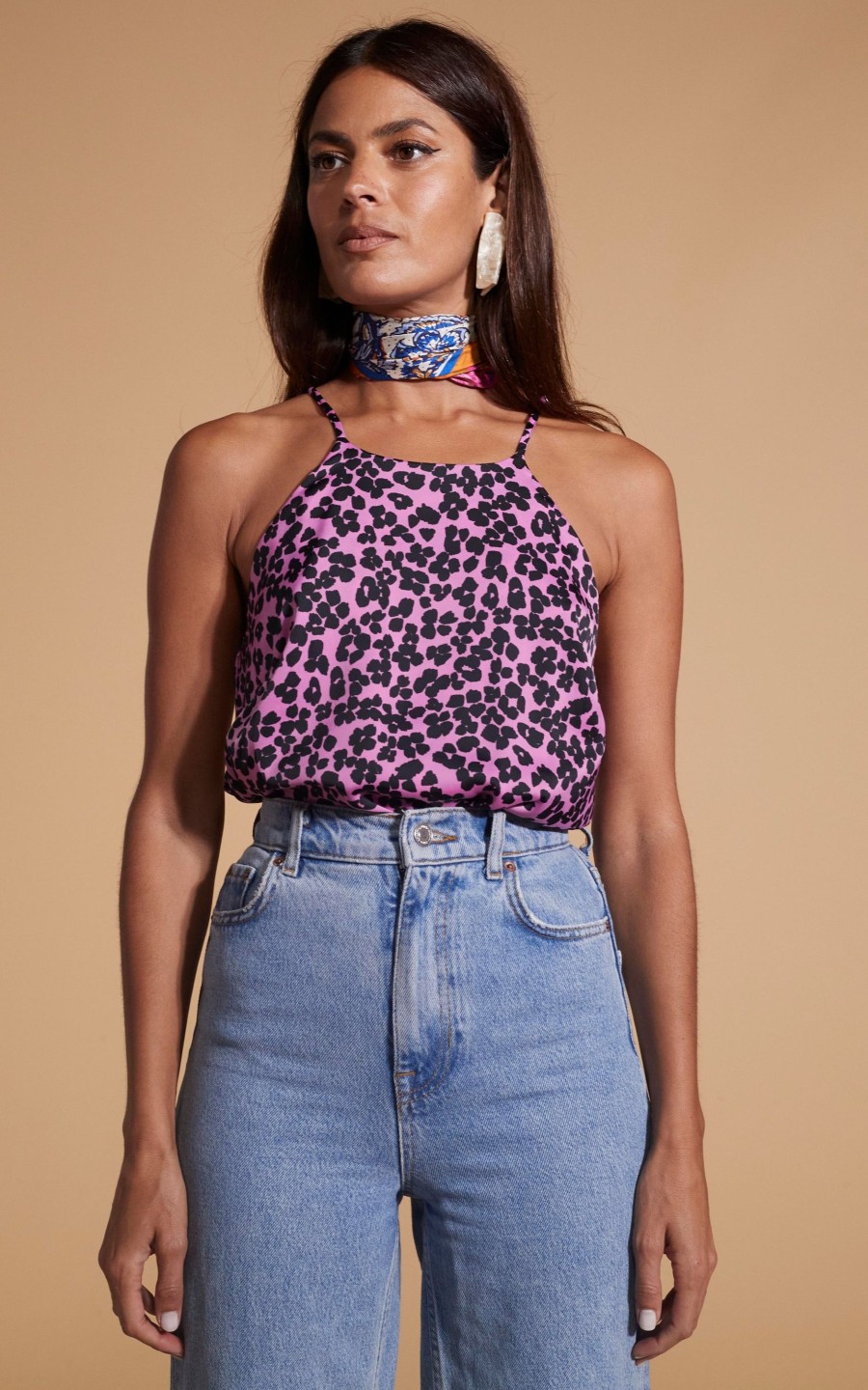 Dancing Leopard Nina Halter Cami Top In Black On Pink Leopard