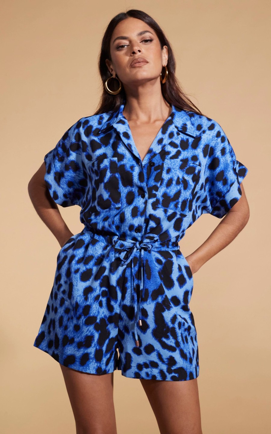 Dancing Leopard Rizzo Playsuit In Bright Blue Leopard