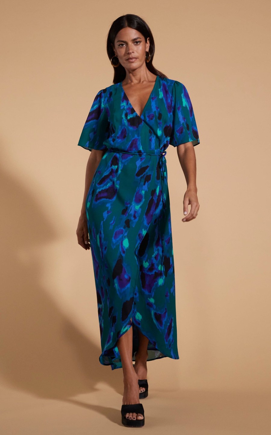 Dancing Leopard Jenna Maxi Dress In Abstract Camo Blue On Green