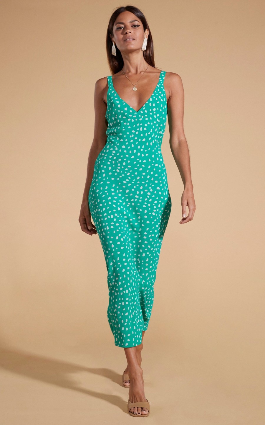 Dancing Leopard Sabrina Midaxi Dress In Odd Dot White On Sea Green