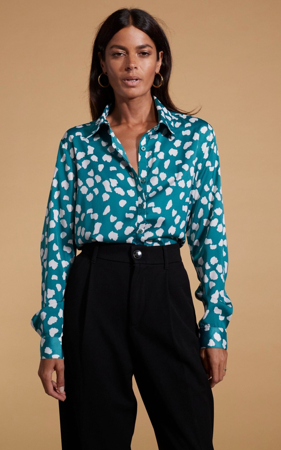 Dancing Leopard Nevada Satin Shirt In White On Green Cloud