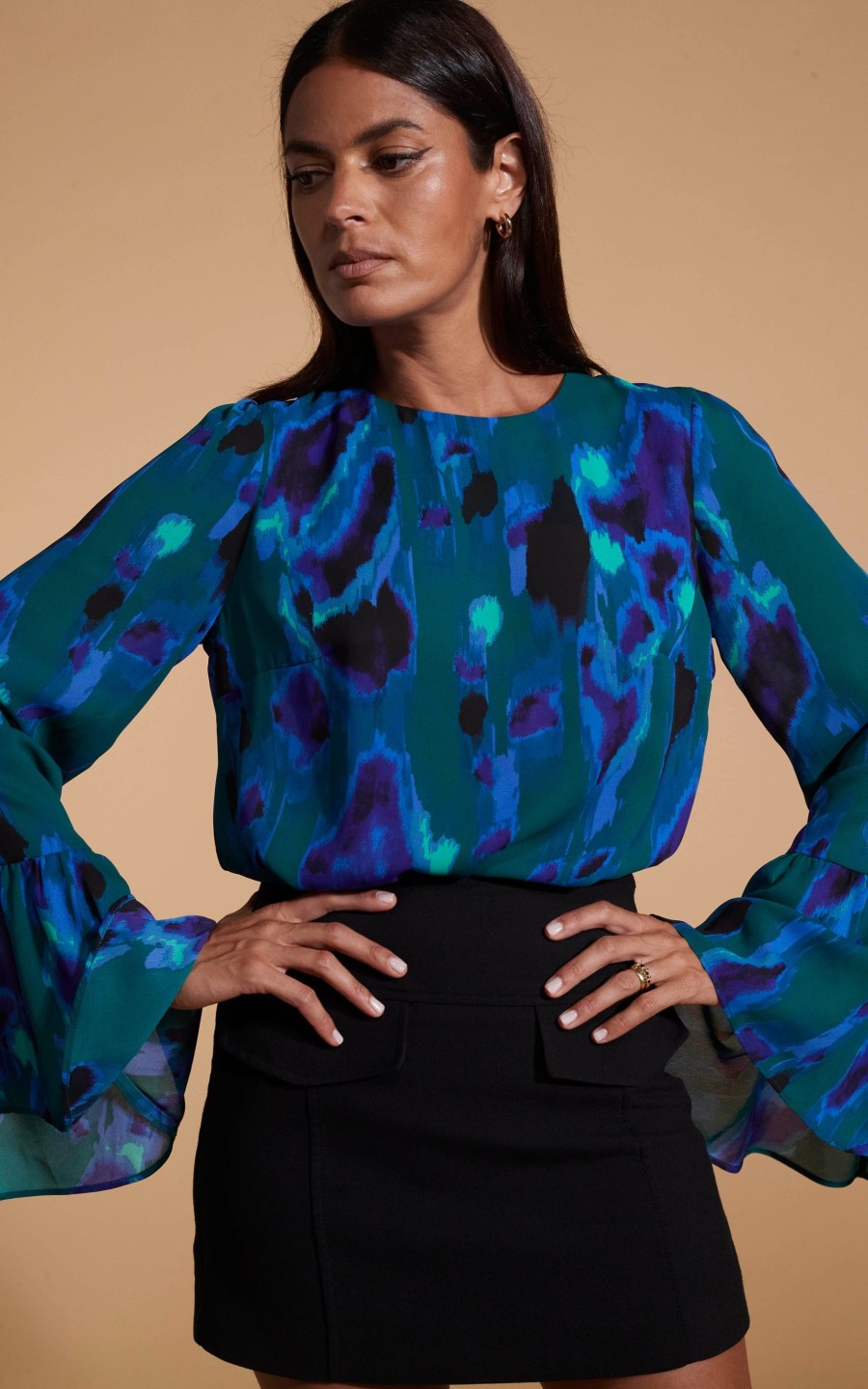 Dancing Leopard Suvi Flare Sleeve Top In Camo Abstract Blue On Green