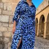 Dancing Leopard Alva Midi Shirt Dress In Bright Blue Leopard - Extended Sizing