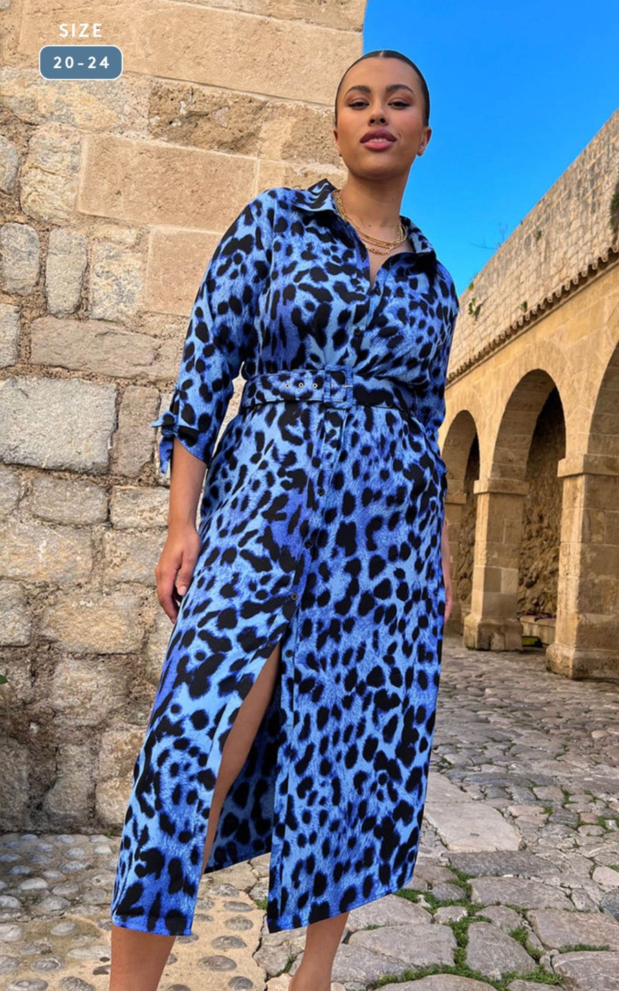 Dancing Leopard Alva Midi Shirt Dress In Bright Blue Leopard - Extended Sizing