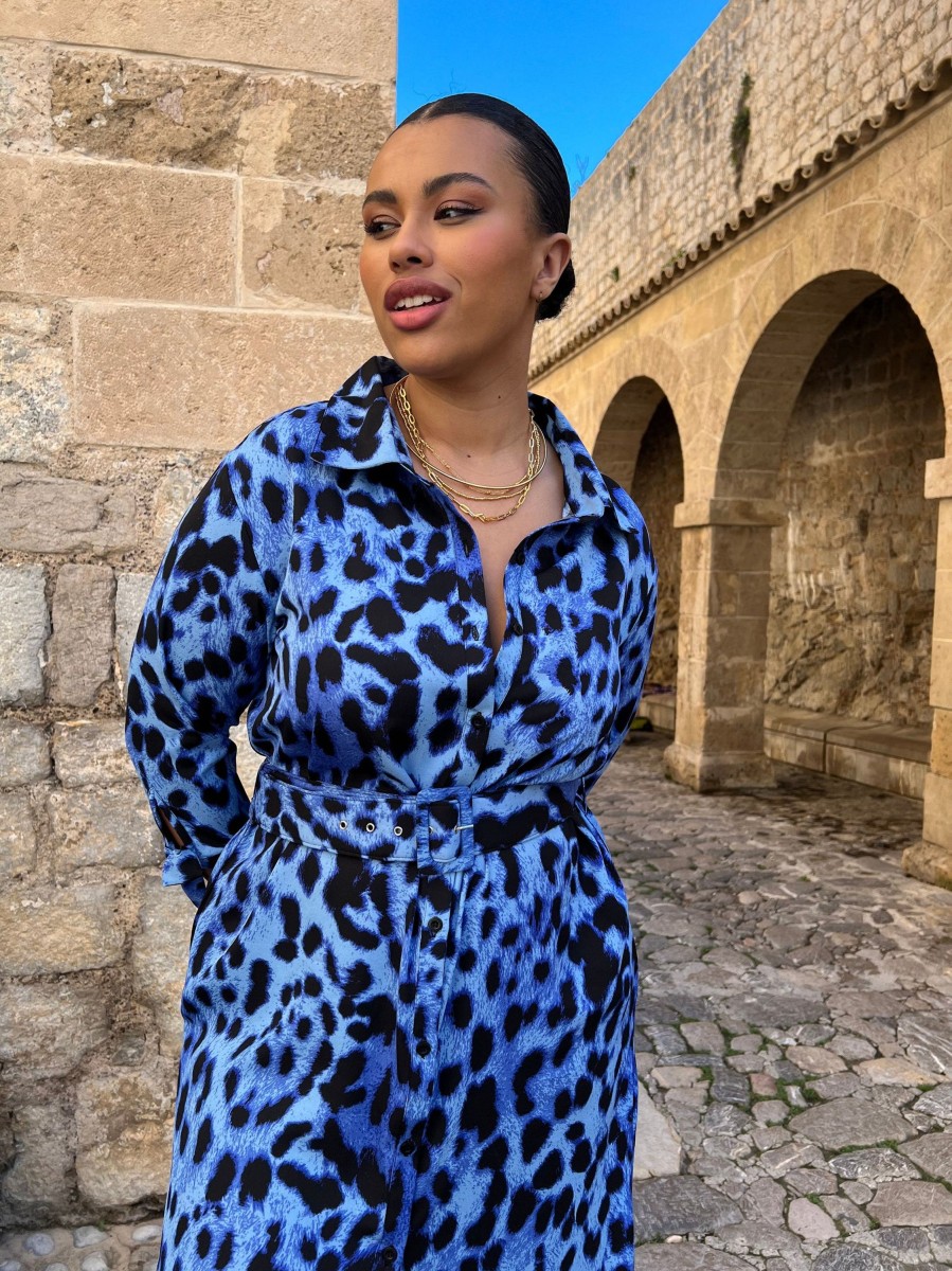 Dancing Leopard Alva Midi Shirt Dress In Bright Blue Leopard - Extended Sizing