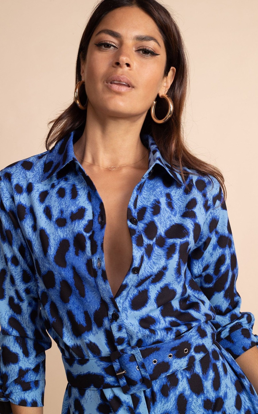 Dancing Leopard Alva Midi Shirt Dress In Bright Blue Leopard