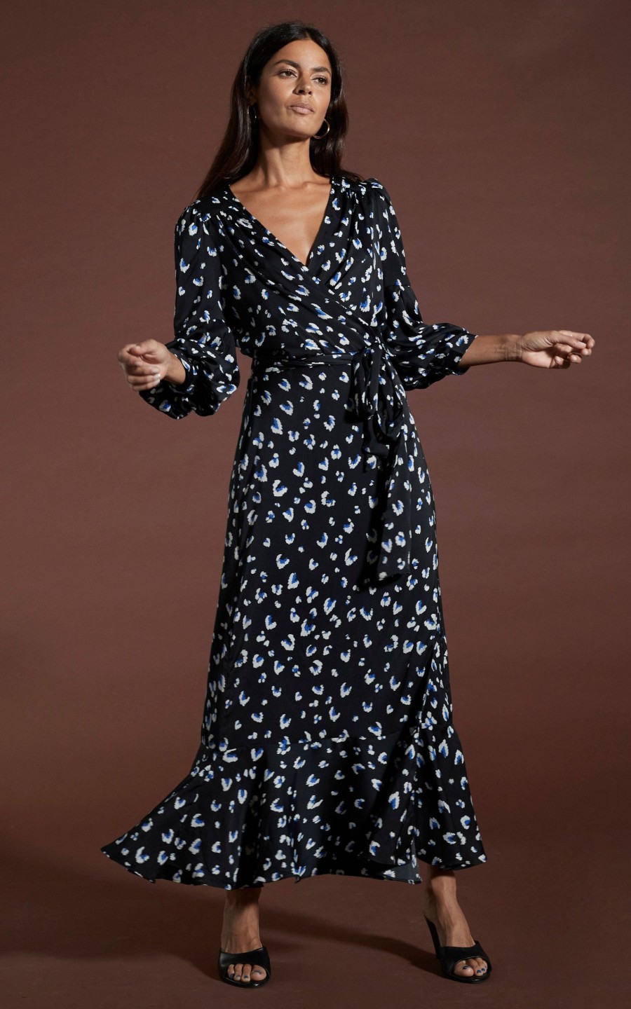 Dancing Leopard Havannah Maxi Wrap Dress In Abstract White On Black Leopard