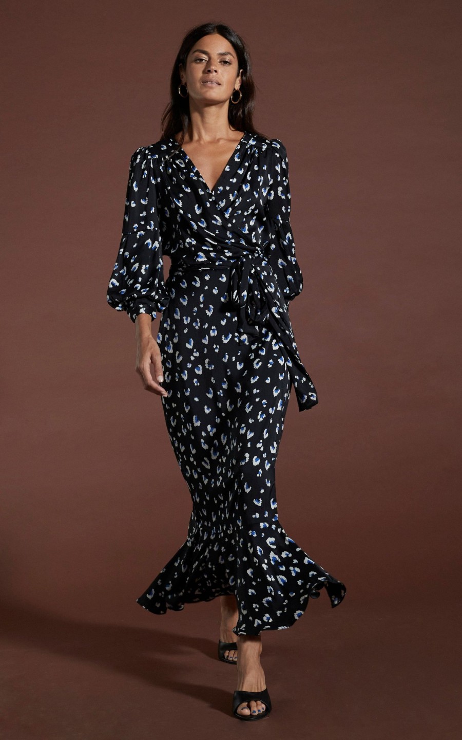 Dancing Leopard Havannah Maxi Wrap Dress In Abstract White On Black Leopard