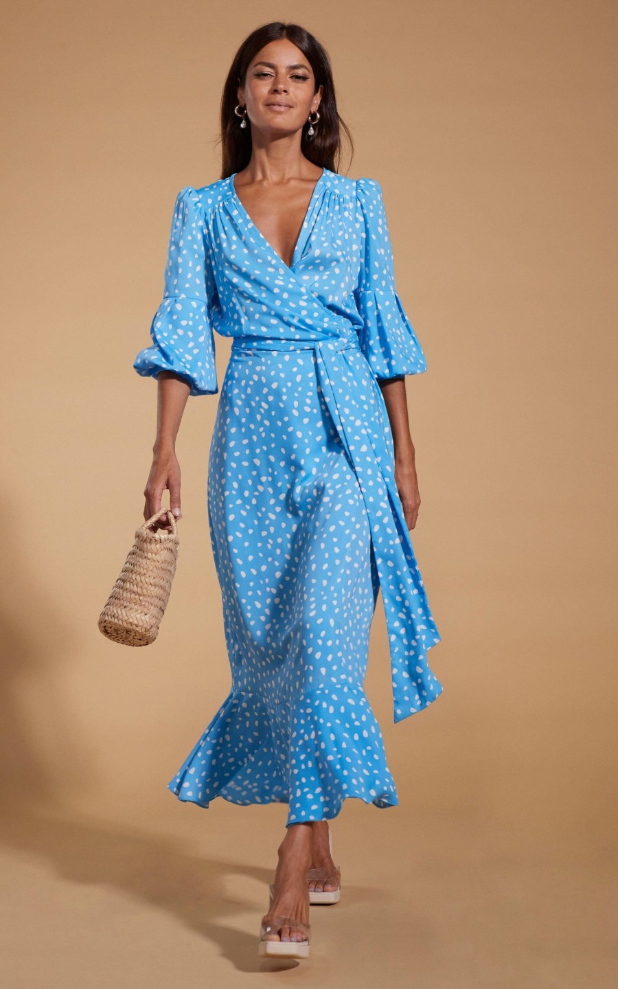 Dancing Leopard Havannah Maxi Wrap Dress In Abstract White On Blue