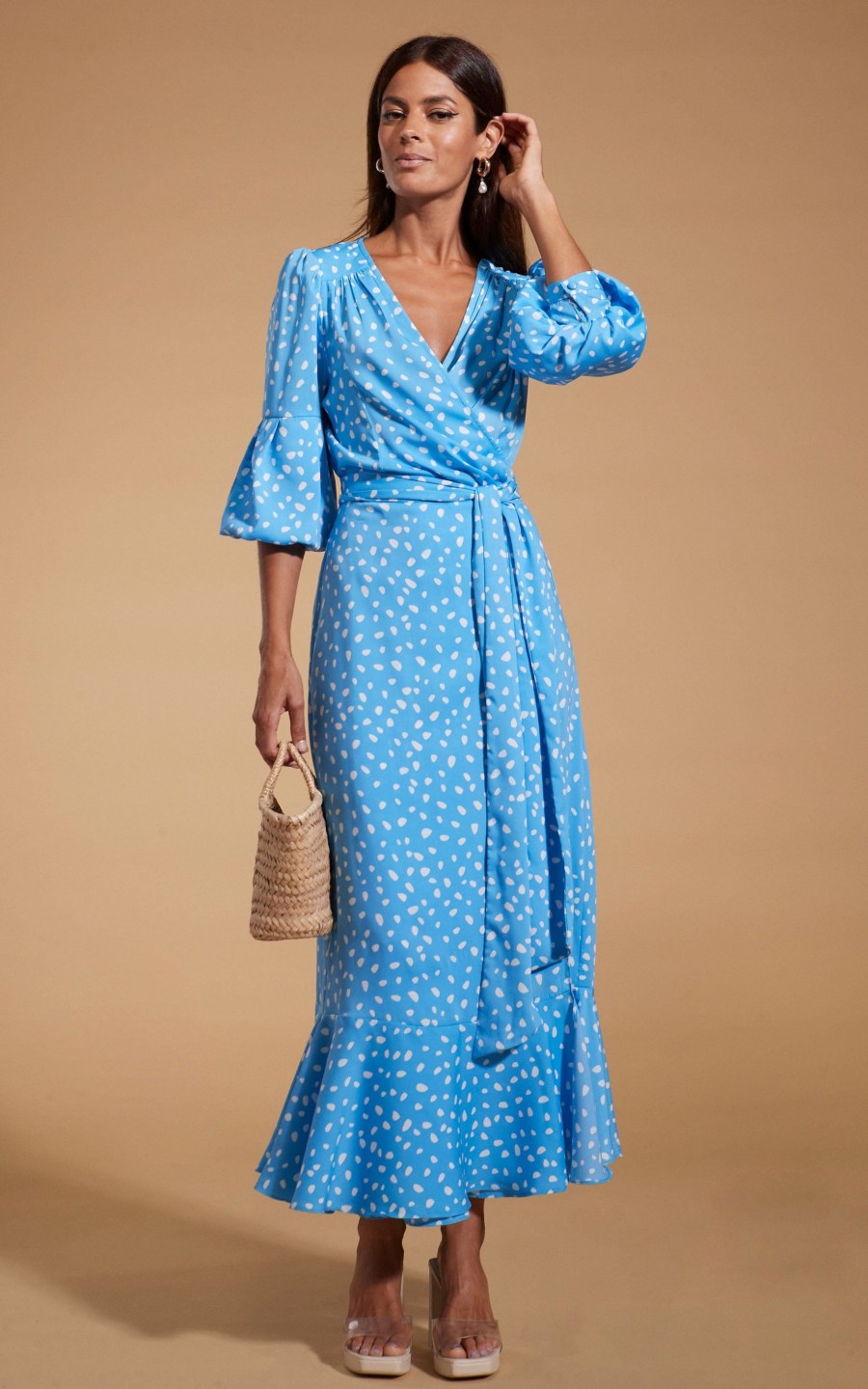 Dancing Leopard Havannah Maxi Wrap Dress In Abstract White On Blue