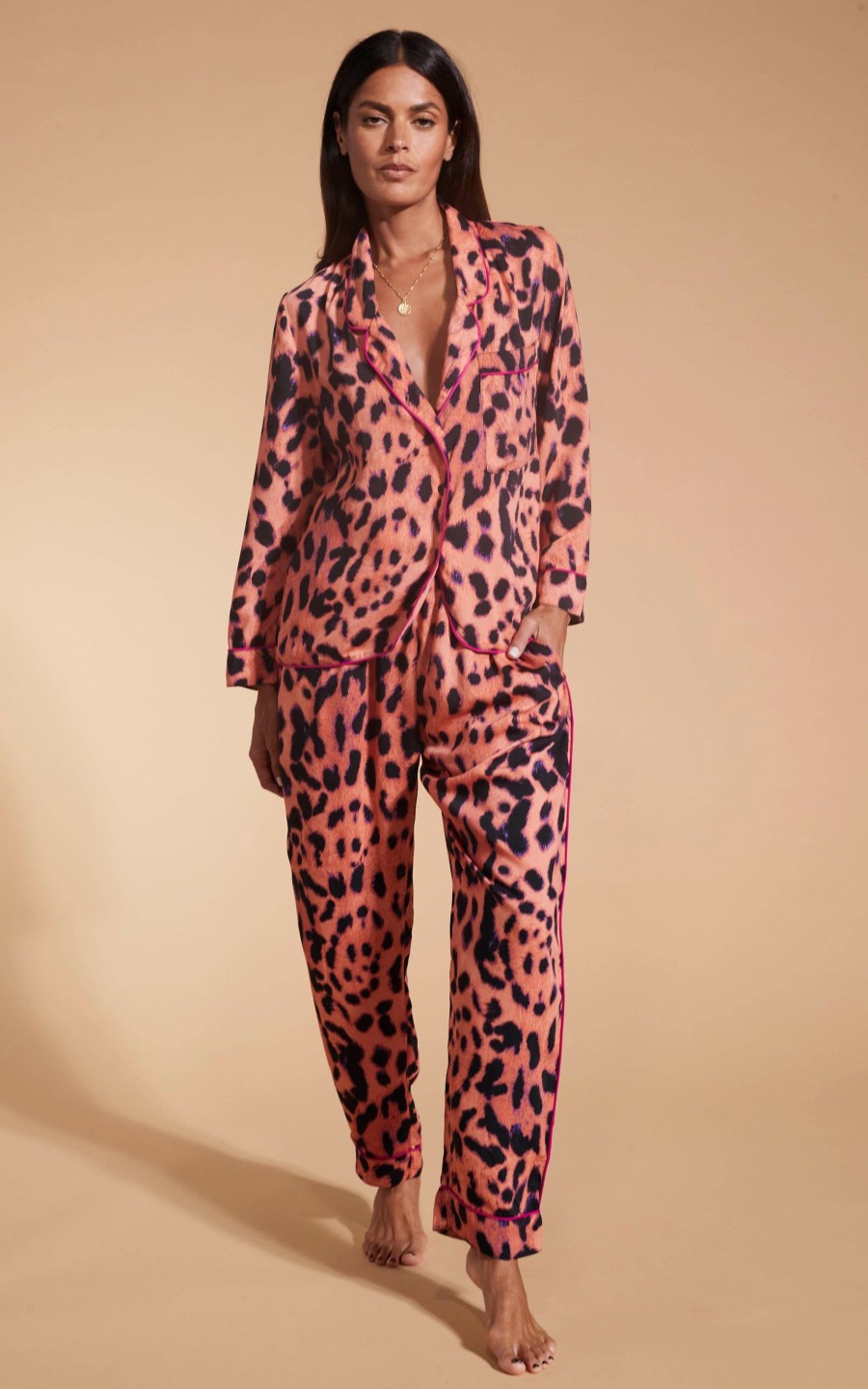 Dancing Leopard Cosmos Satin Long Leg Pj Set In Plorange Leopard