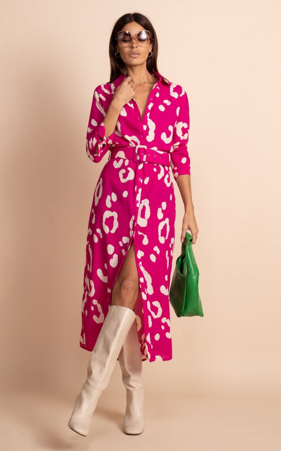 Dancing Leopard Alva Midi Shirt Dress In Oversized Leopard Cream On Magenta