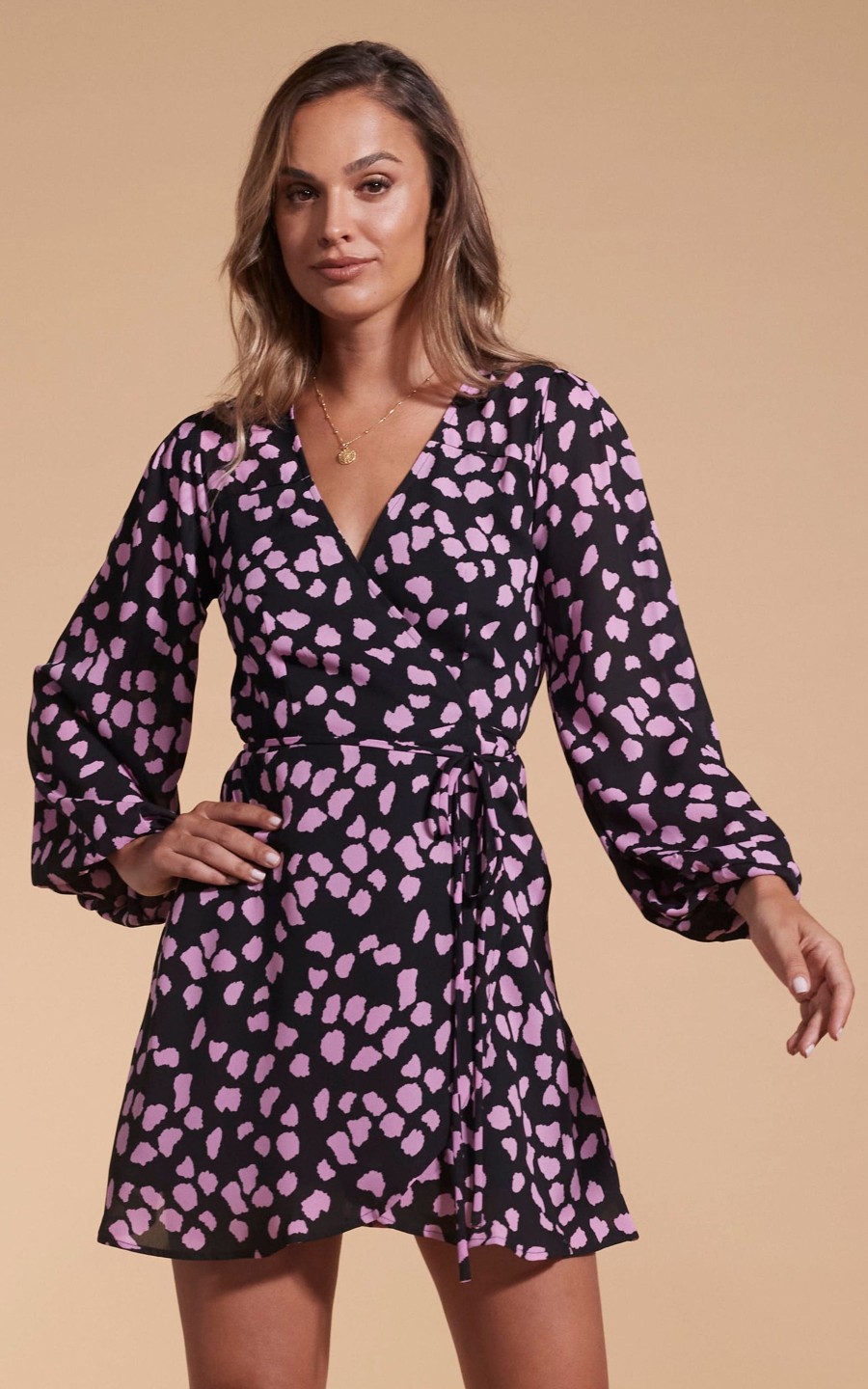 Dancing Leopard Ginger Mini Wrap Dress In Pink On Black Cloud