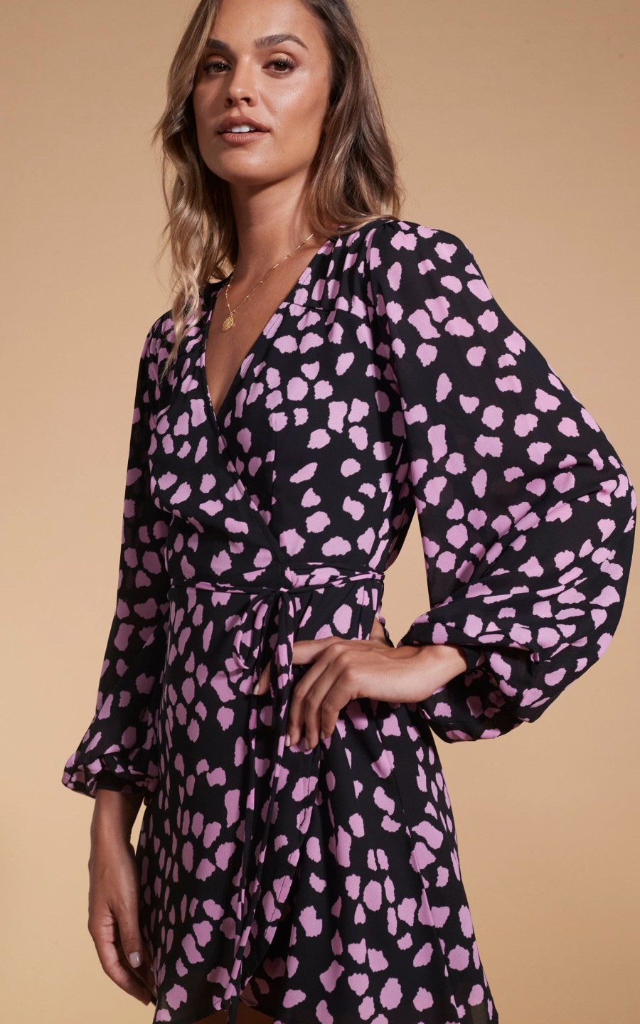 Dancing Leopard Ginger Mini Wrap Dress In Pink On Black Cloud