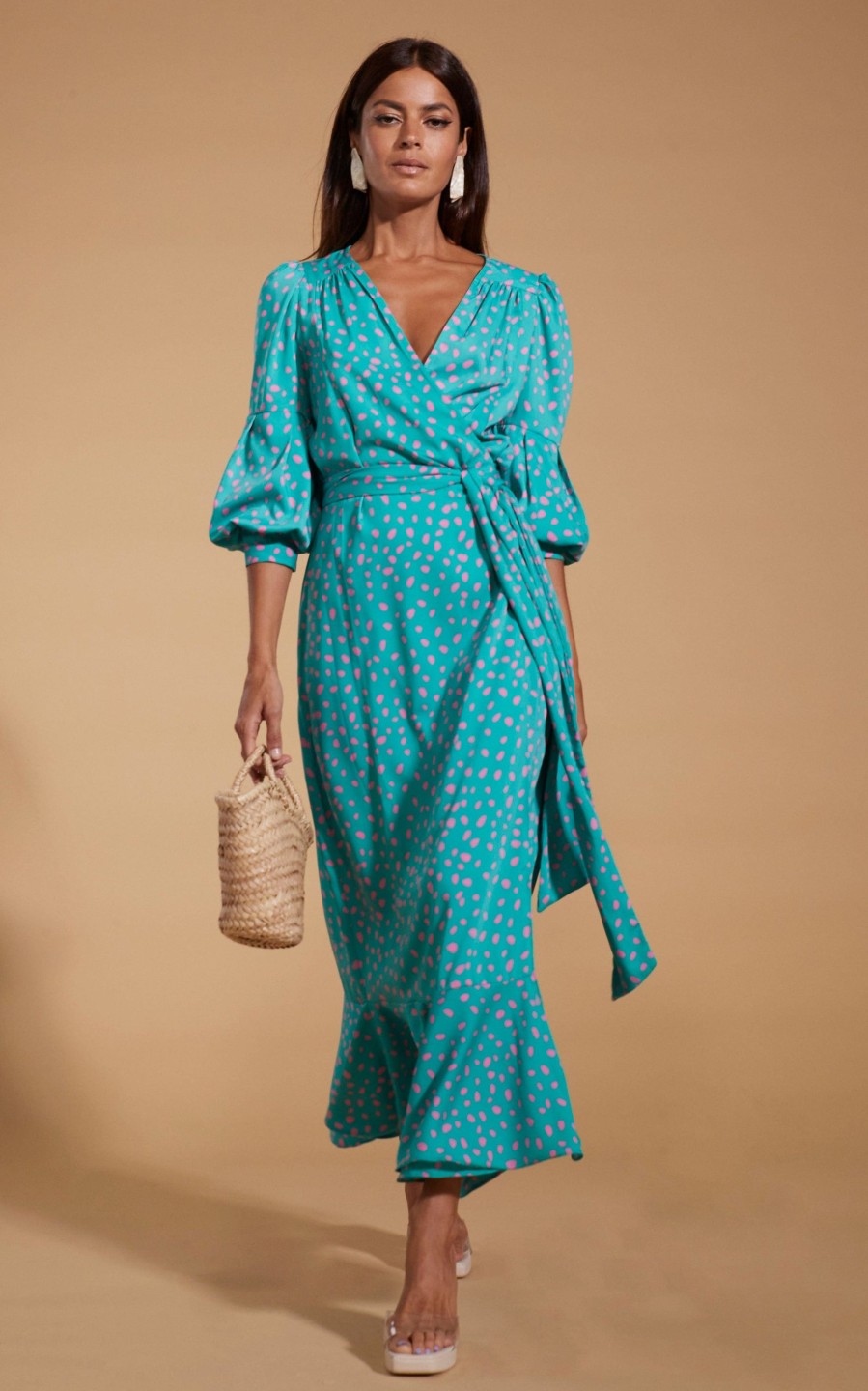 Dancing Leopard Havannah Maxi Wrap Dress In Abstract Pink On Sea Green