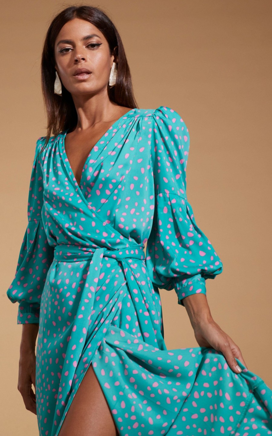 Dancing Leopard Havannah Maxi Wrap Dress In Abstract Pink On Sea Green