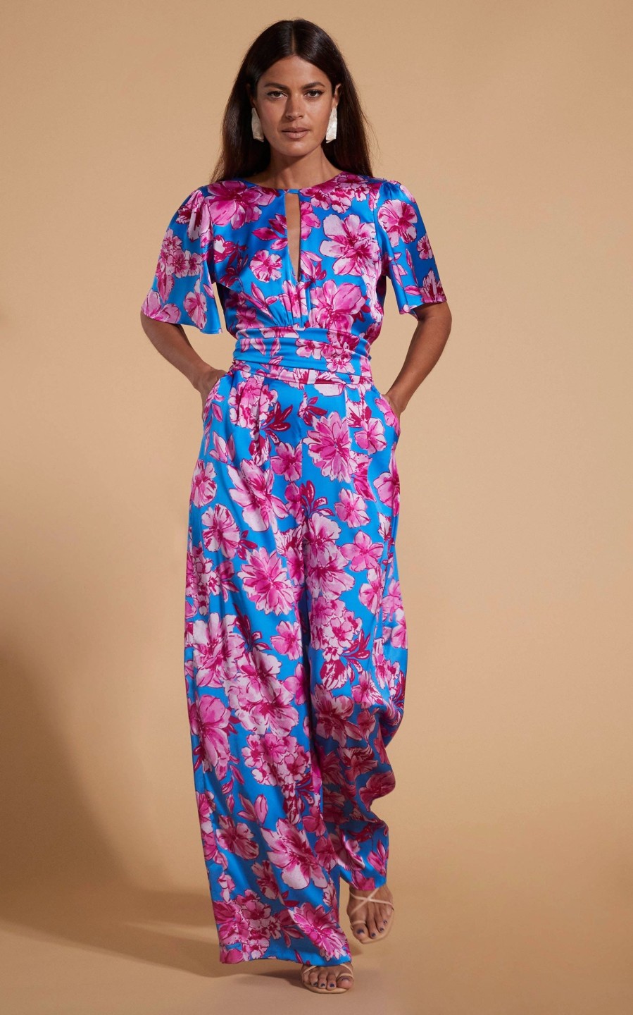 Dancing Leopard Savannah Jumpsuit In Pink On Blue Floral