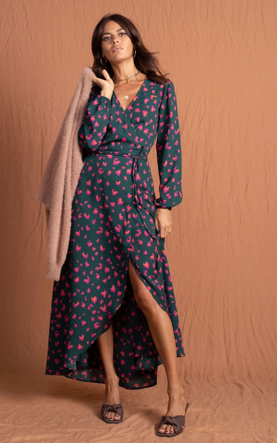 Dancing Leopard Jagger Maxi Dress In Abstract Pink On Green