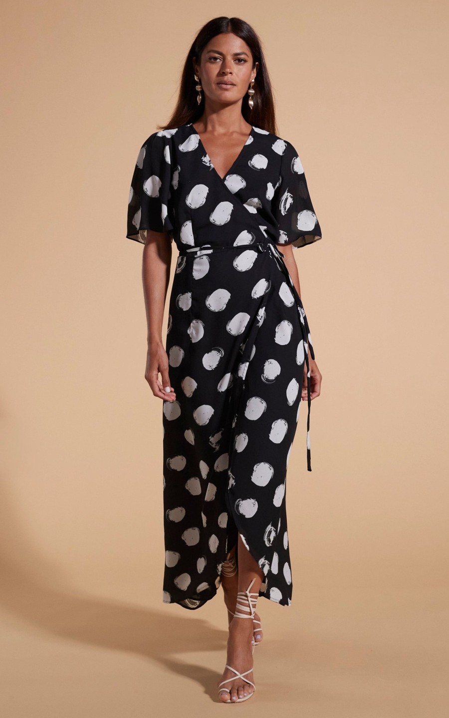 Dancing Leopard Jenna Maxi Dress In White On Black Dot