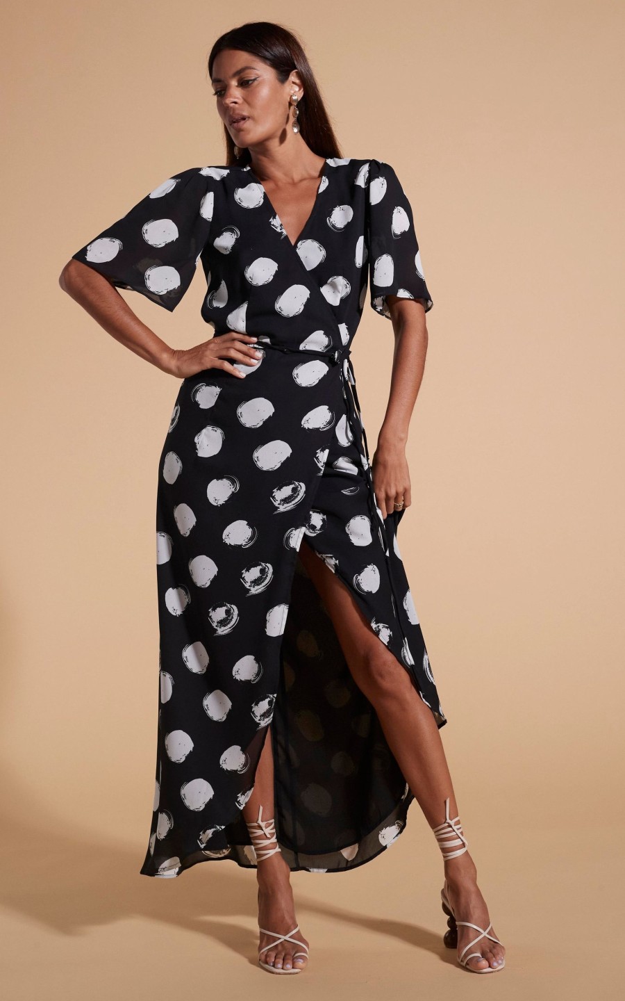 Dancing Leopard Jenna Maxi Dress In White On Black Dot