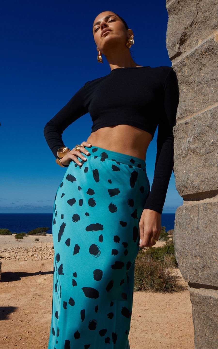 Dancing Leopard Renzo Skirt In Abstract Dot Black On Teal