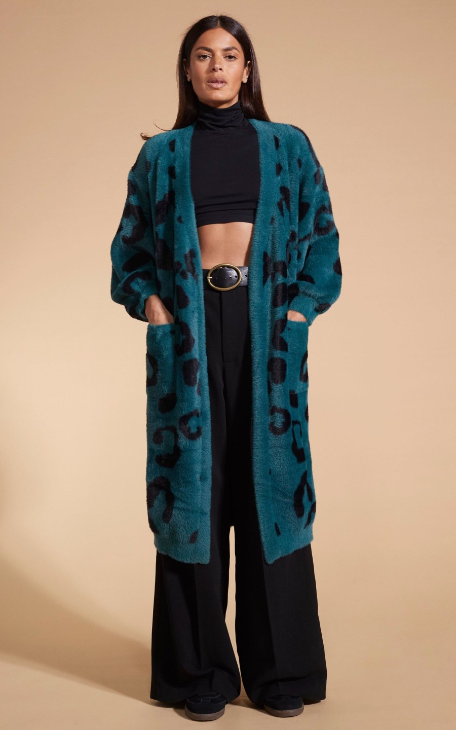 Dancing Leopard Coco Wrap Cardigan In Black On Forest Green Leopard