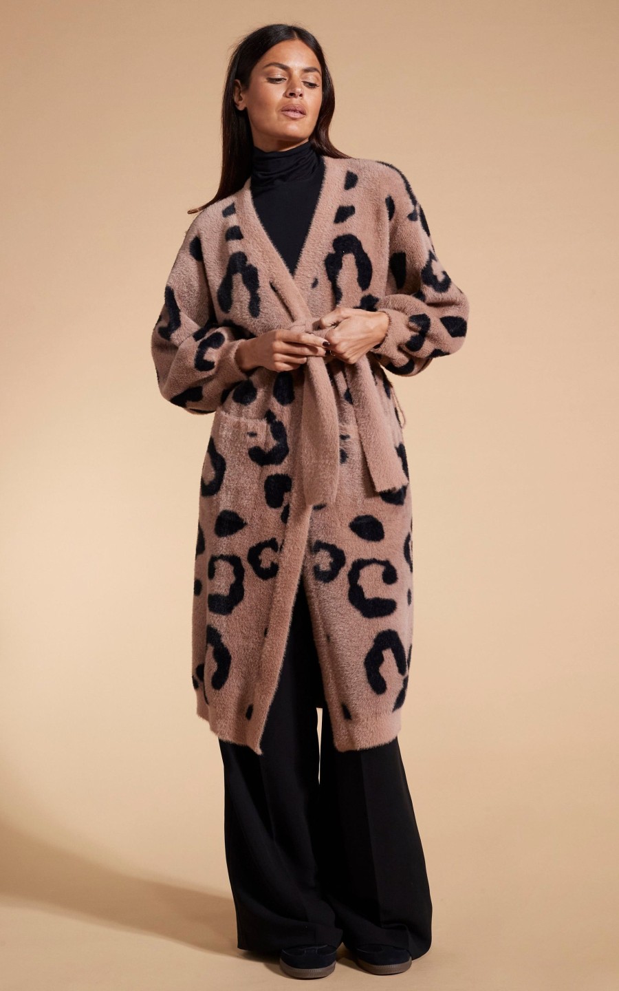 Dancing Leopard Coco Wrap Cardigan In Black On Mocha Leopard