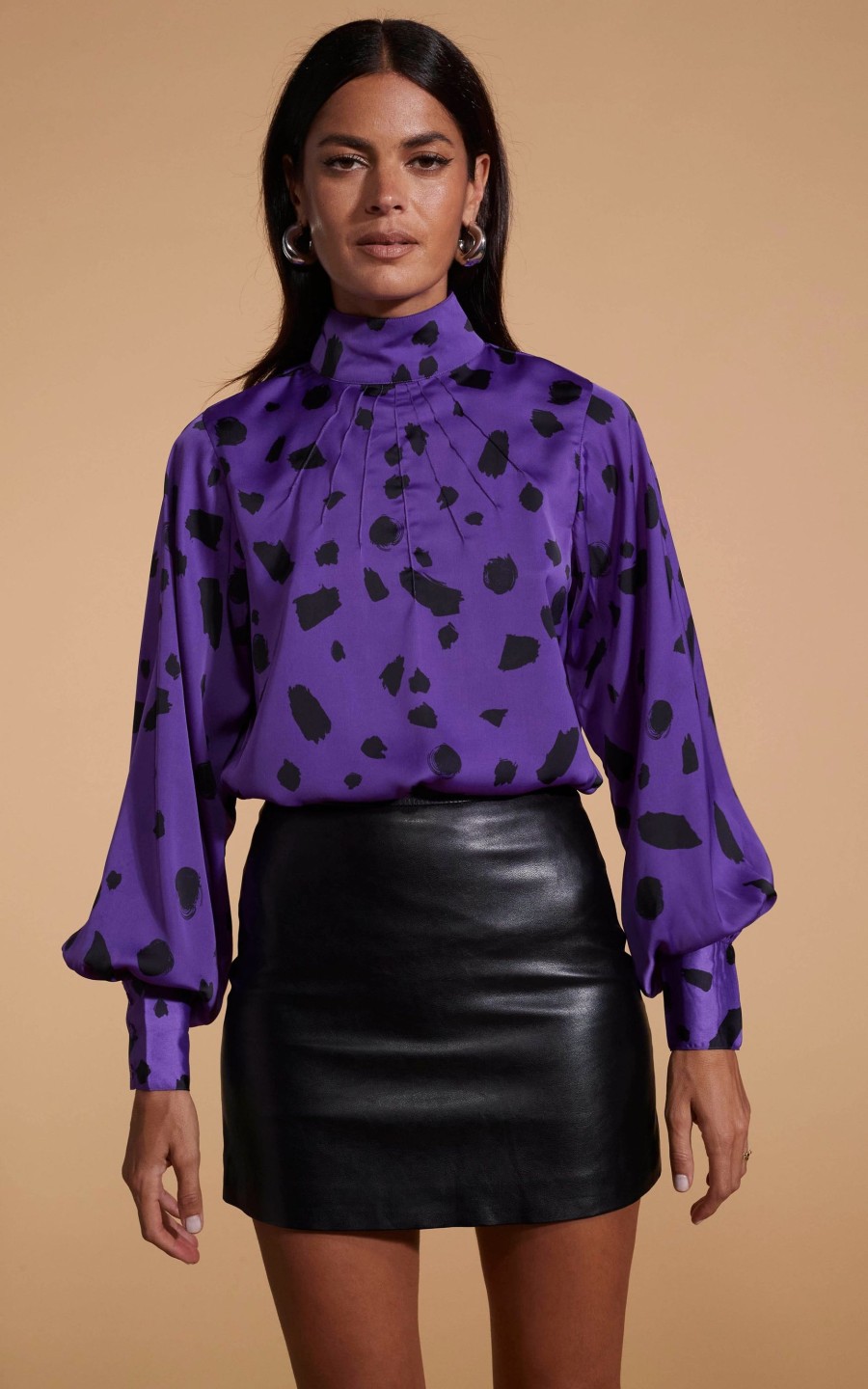 Dancing Leopard Margo Pintuck Blouse In Abstract Dot Black On Purple