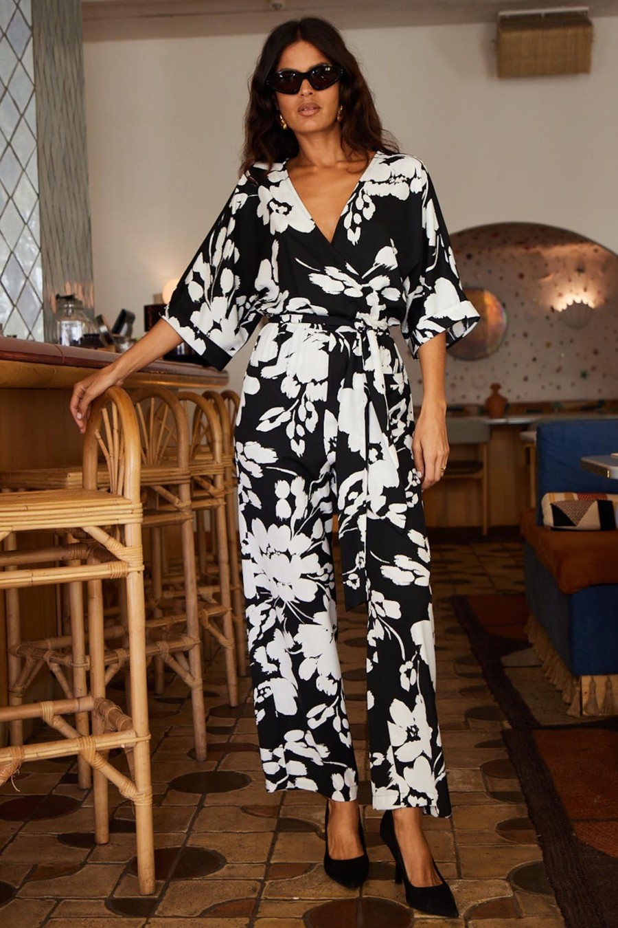 Dancing Leopard Winona Kimono Jumpsuit In White On Black Floral