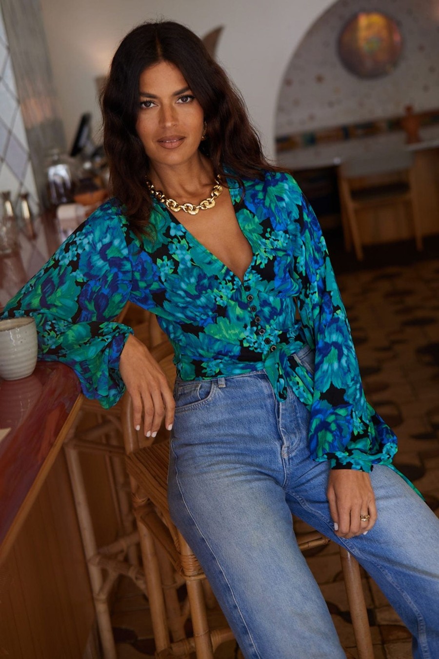 Dancing Leopard Joanie Tie Top In Blue & Green Floral