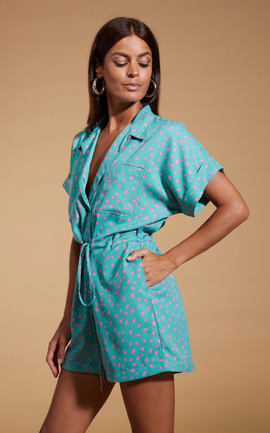 Dancing Leopard Rizzo Shirt Playsuit In Abstract Pink On Sea Green