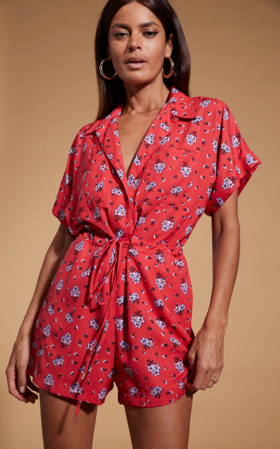 Dancing Leopard Rizzo Shirt Playsuit In Red Daisy