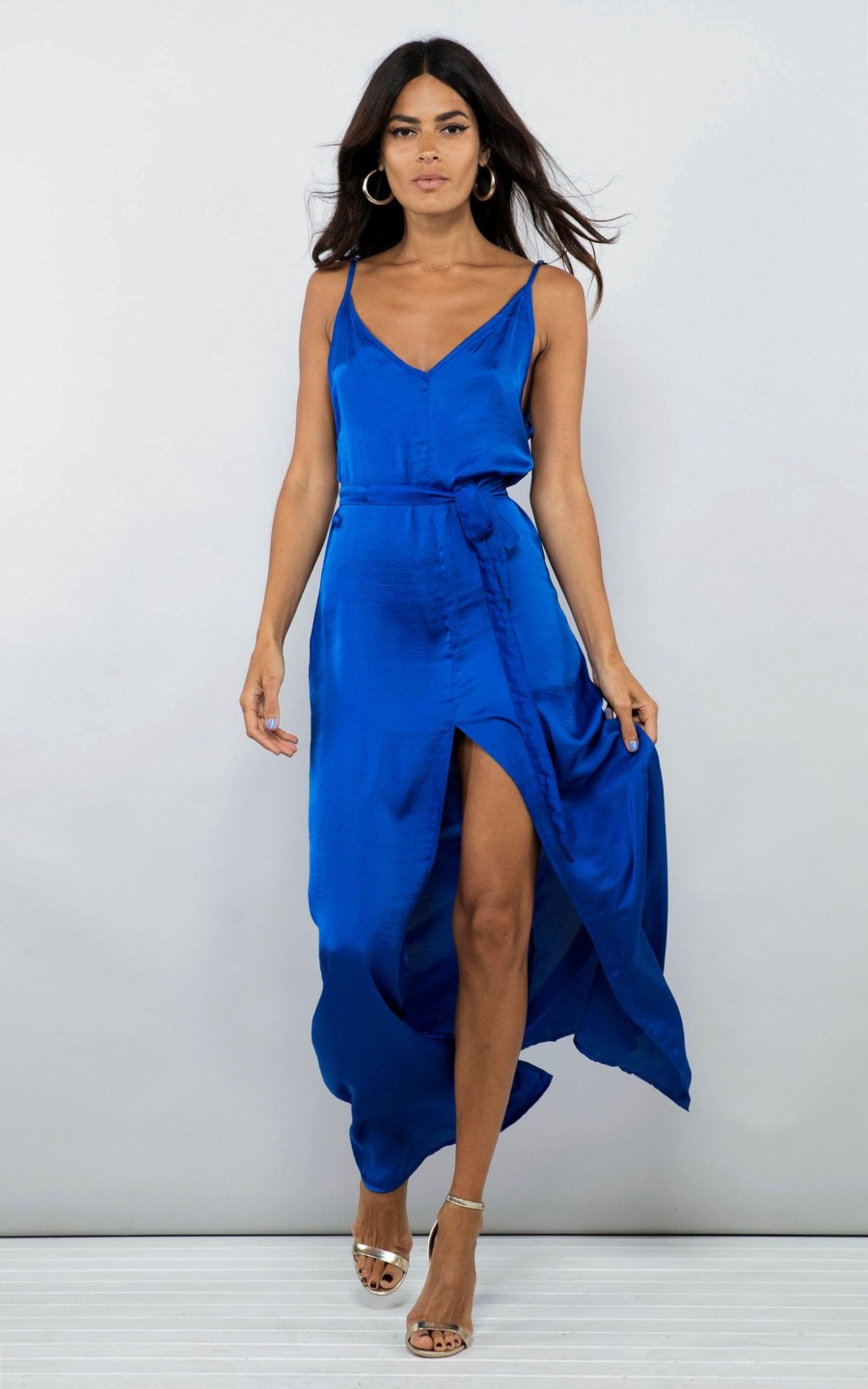 Dancing Leopard Split Leg Maxi Slip Dress In Cobalt Blue