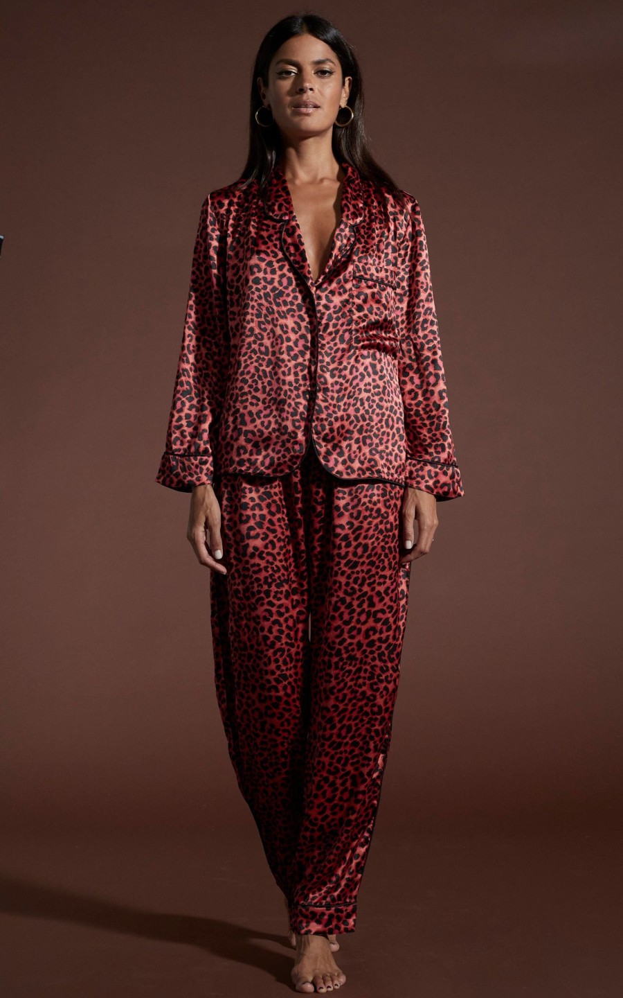 Dancing Leopard Cosmos Satin Long Leg Pj Set In Ruby Red Leopard