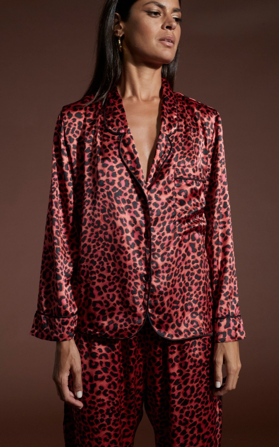 Dancing Leopard Cosmos Satin Long Leg Pj Set In Ruby Red Leopard