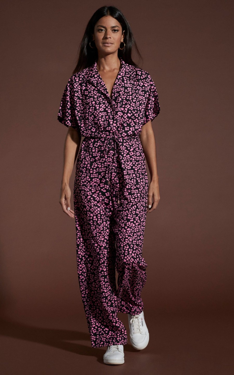 Dancing Leopard Zeta Jumpsuit In Pink On Black Leopard