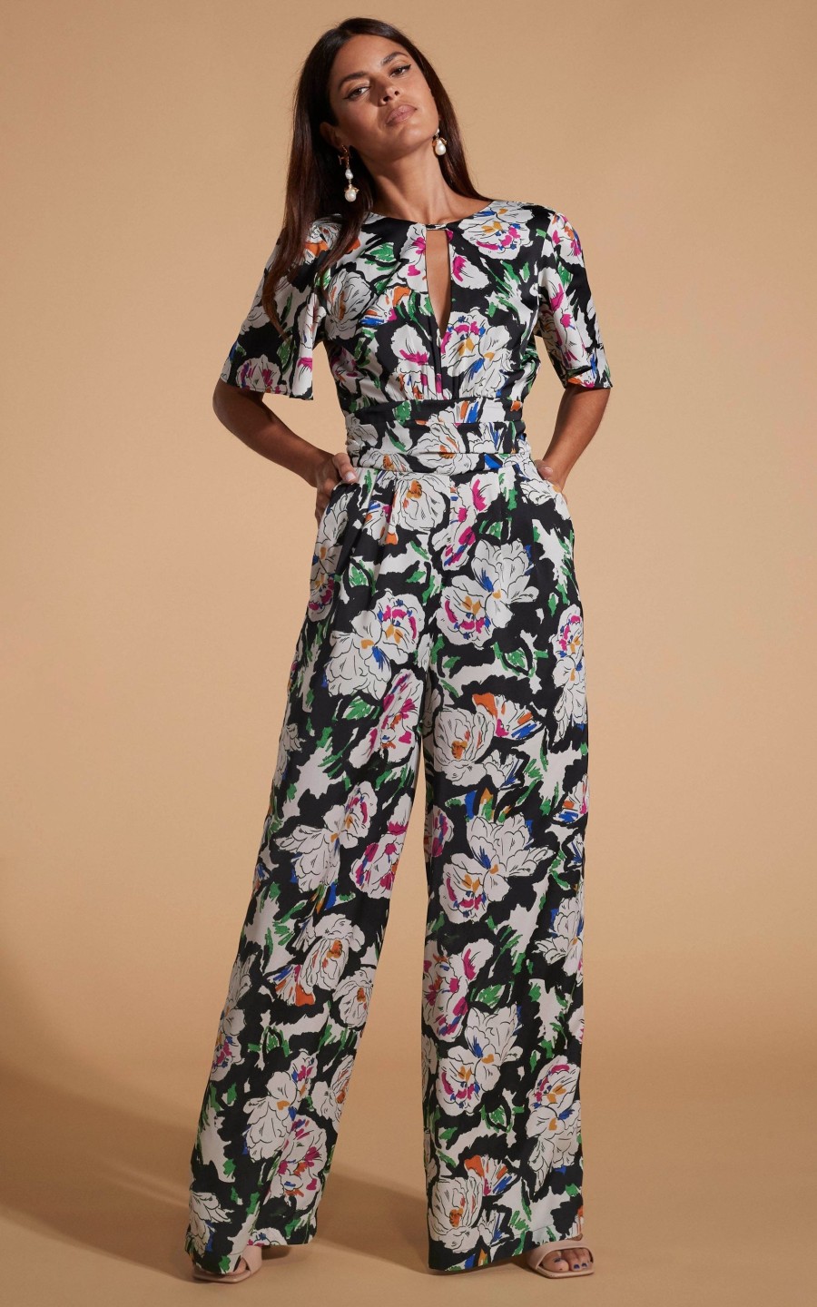 Dancing Leopard Savannah Jumpsuit In White On Black Floral