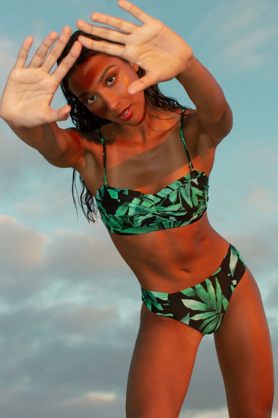 Dancing Leopard Halo Lalita Bandeau Bikini Top In Watercolour Green Leaf