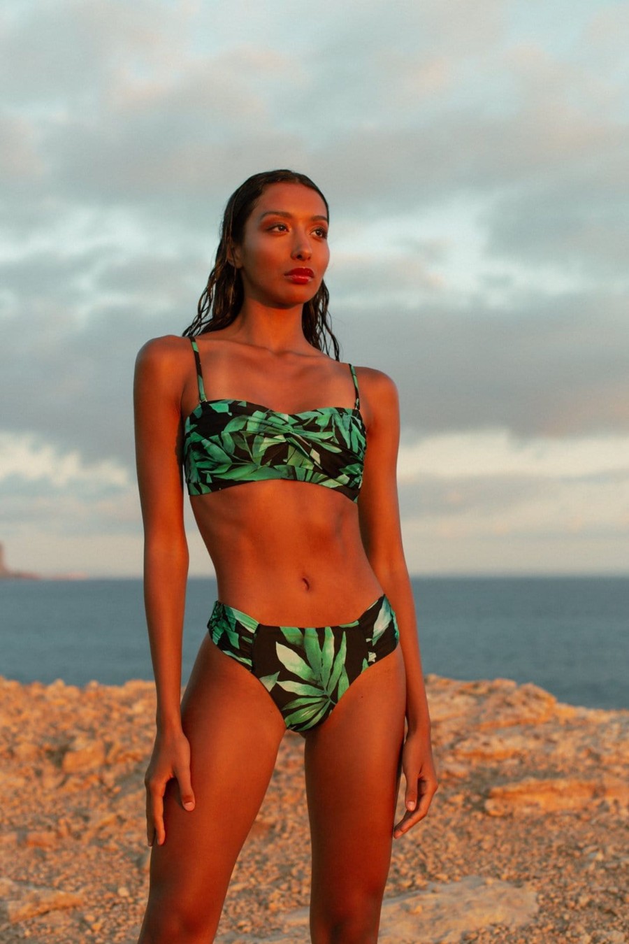 Dancing Leopard Halo Lalita Bandeau Bikini Top In Watercolour Green Leaf