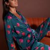 Dancing Leopard Cosmos Satin Long Leg Pj Set In Poppies On Dark Green