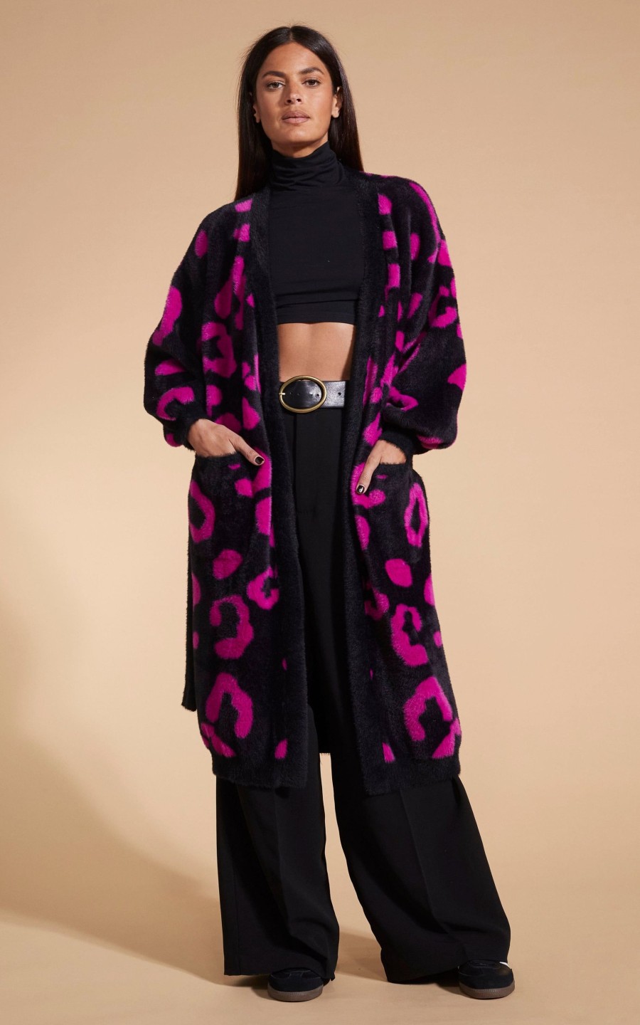 Dancing Leopard Coco Wrap Cardigan In Cerise On Black Leopard