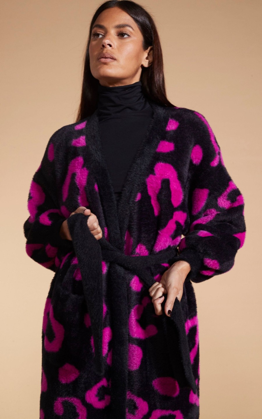 Dancing Leopard Coco Wrap Cardigan In Cerise On Black Leopard