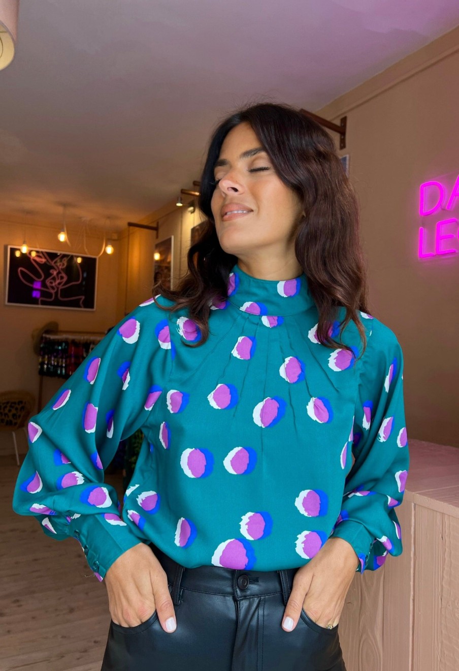 Dancing Leopard Margo Pintuck Blouse In Polka Dot Purple On Green