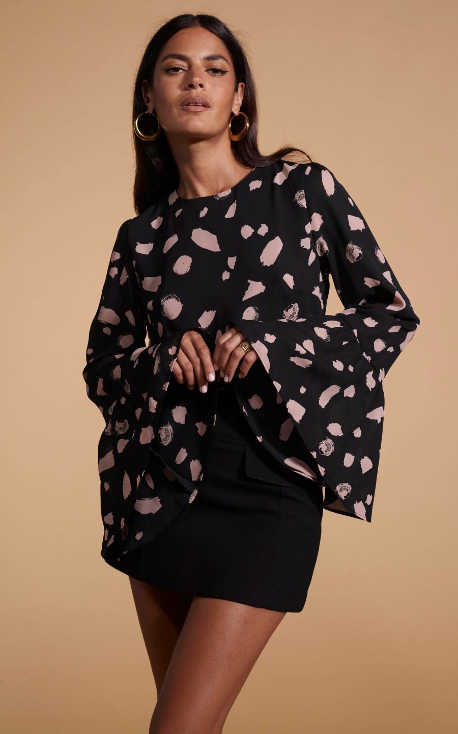 Dancing Leopard Suvi Flare Sleeve Top In Abstract Dot Sand On Black