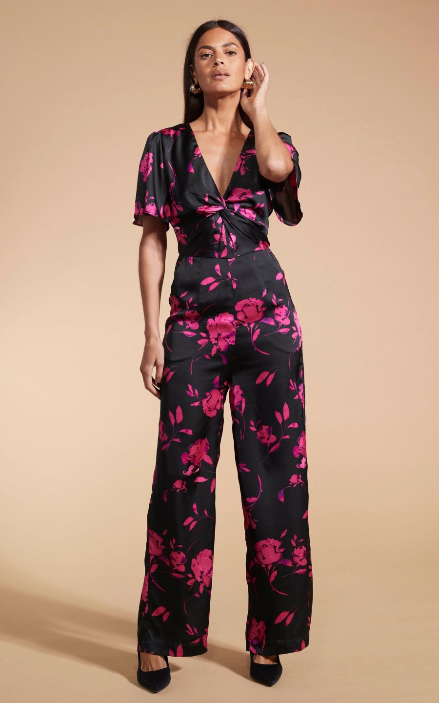 Dancing Leopard Annis Jumpsuit In Pink On Black Floral