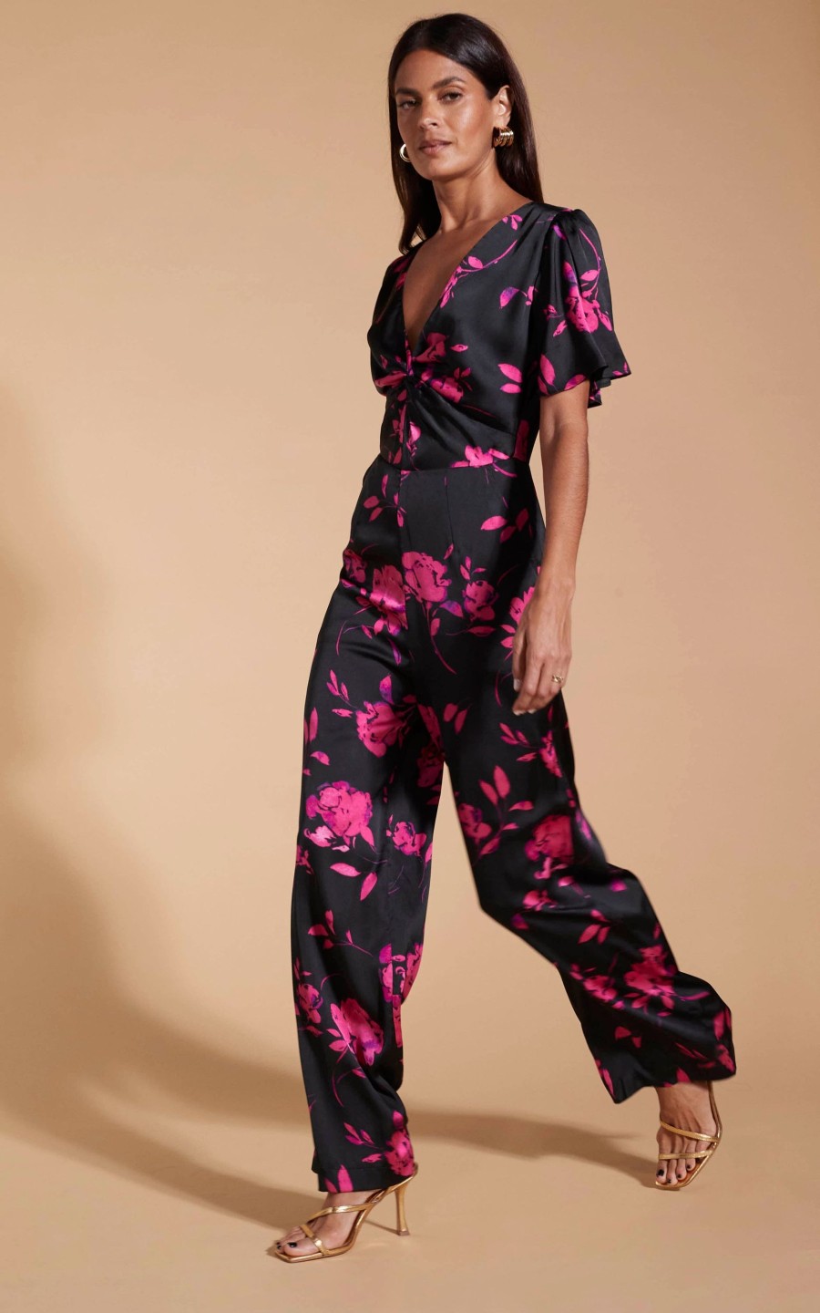 Dancing Leopard Annis Jumpsuit In Pink On Black Floral