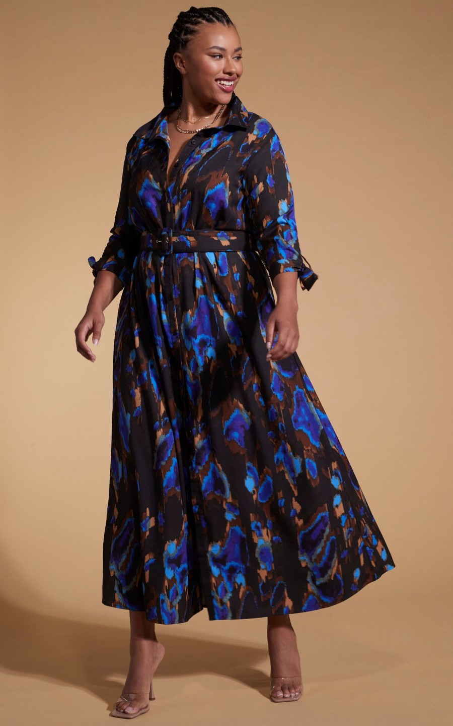 Dancing Leopard Dove Dress In Camo Abstract Blue On Black- Extended Sizing