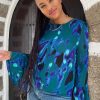 Dancing Leopard Suvi Flare Sleeve Top In Camo Abstract Blue On Green- Extended Sizing